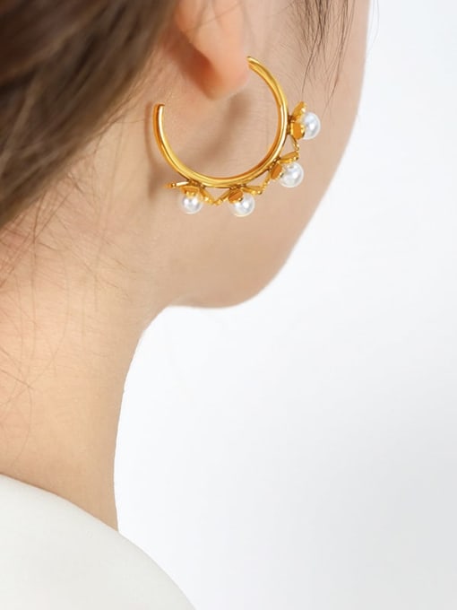 F811 Gold Earrings Titanium Steel Imitation Pearl Flower Trend Hoop Earring