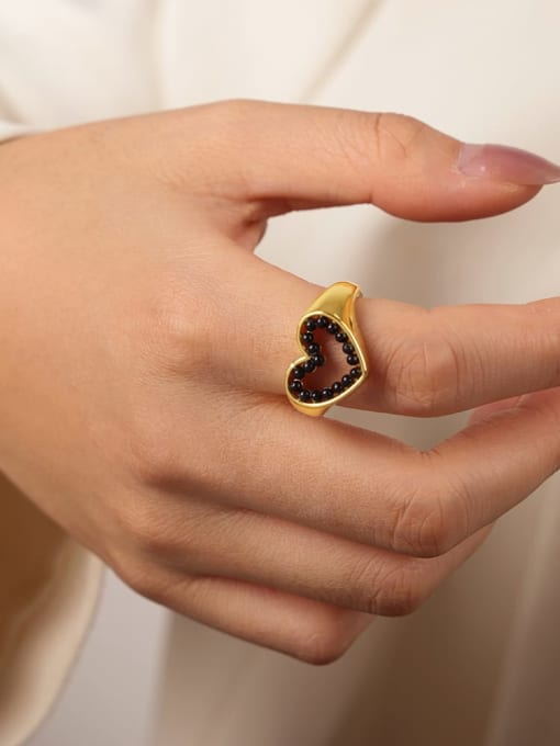 A714 Gold Black Bead Ring Brass Imitation Pearl Heart Trend Band Ring