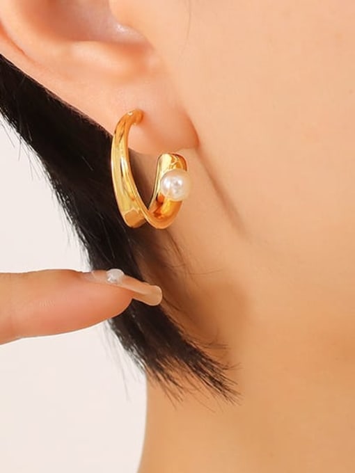 F187 Gold Pearl Earrings Titanium Steel Imitation Pearl Geometric Minimalist Stud Earring