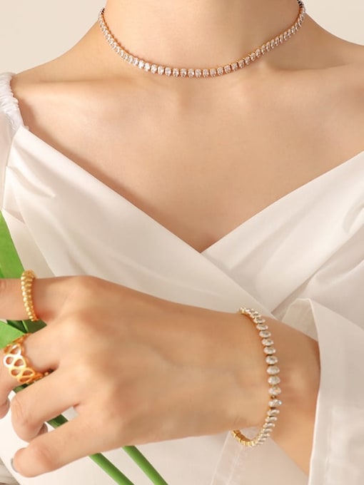 P1163 white zircon necklace 37cm Titanium Steel Cubic Zirconia Vintage Geometric Bracelet and Necklace Set