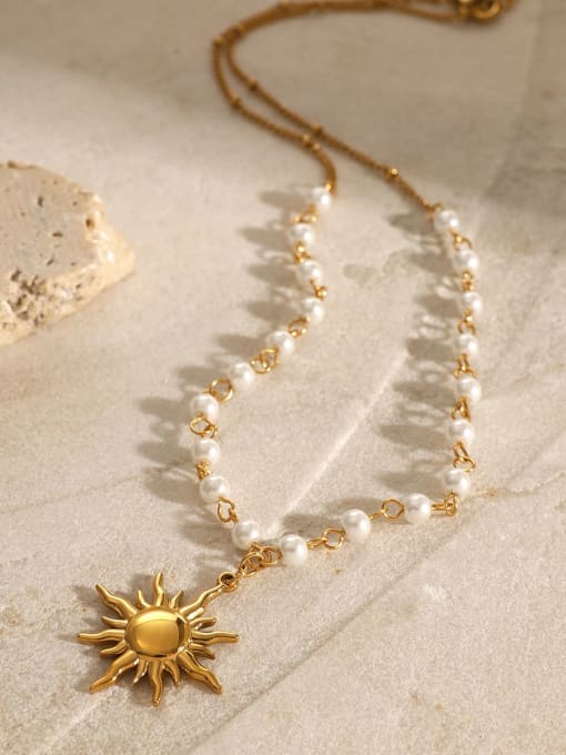 J&D Stainless steel Imitation Pearl Sun  Flower Minimalist Necklace 1