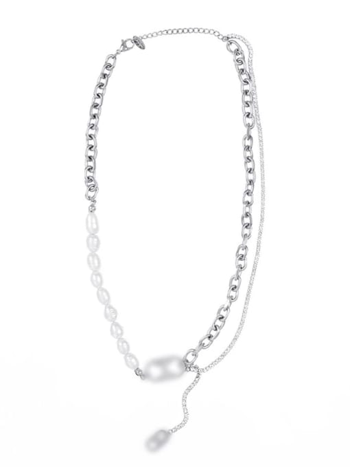 SN21052609S Titanium Steel Freshwater Pearl Tassel Dainty Lariat Necklace