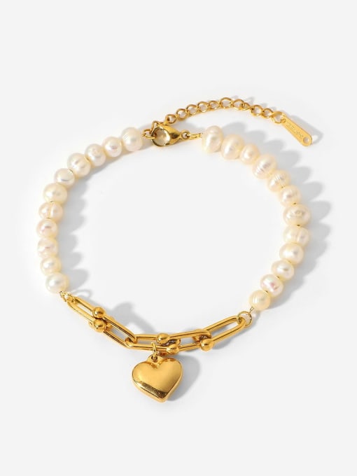 J&D Stainless steel Freshwater Pearl Heart Dainty Beaded Bracelet