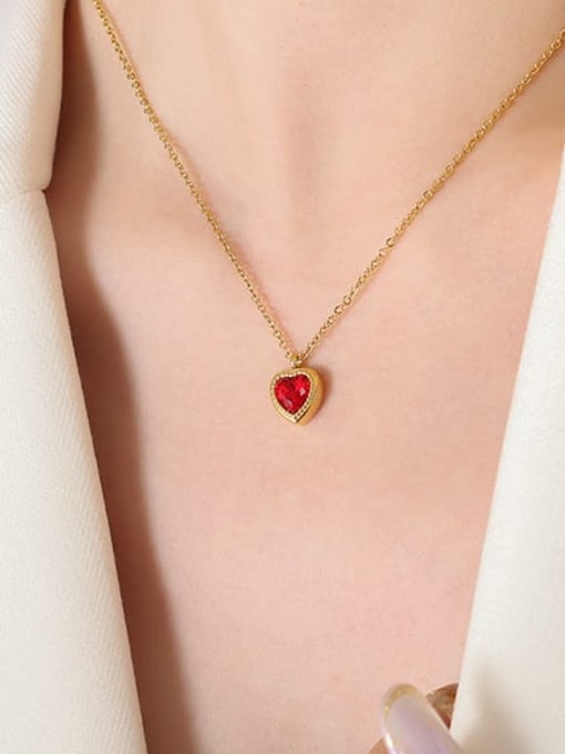 P425 red zircon gold necklace 40 +5cm Titanium Steel Glass Stone Vintage Heart Earring and Necklace Set