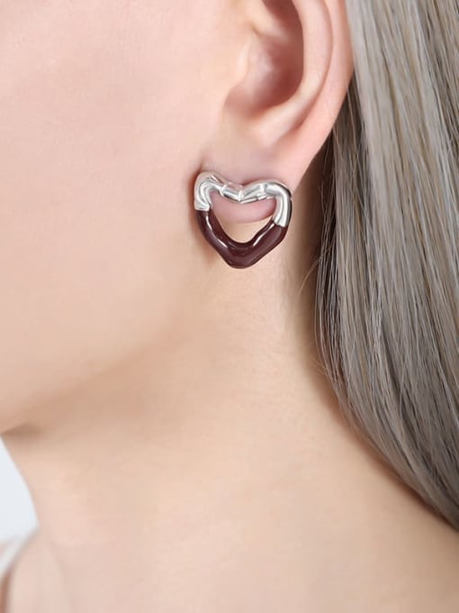 F844 Brown Dropped Oil Steel Earrings Titanium Steel Enamel Heart Trend Stud Earring
