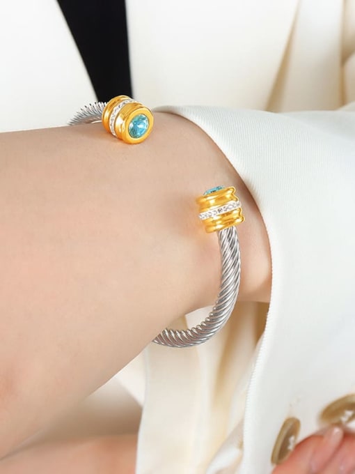 Z059 March Sea Blue Zircon Bracelet Titanium Steel Cubic Zirconia Geometric Trend Cuff Bangle