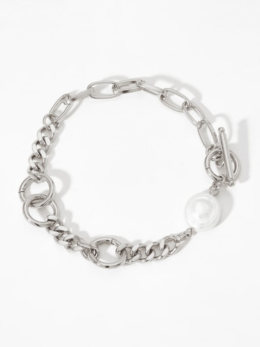 PAK824 Platinum Stainless steel Imitation Pearl Hollow Geometric  Chain Hip Hop Link Bracelet