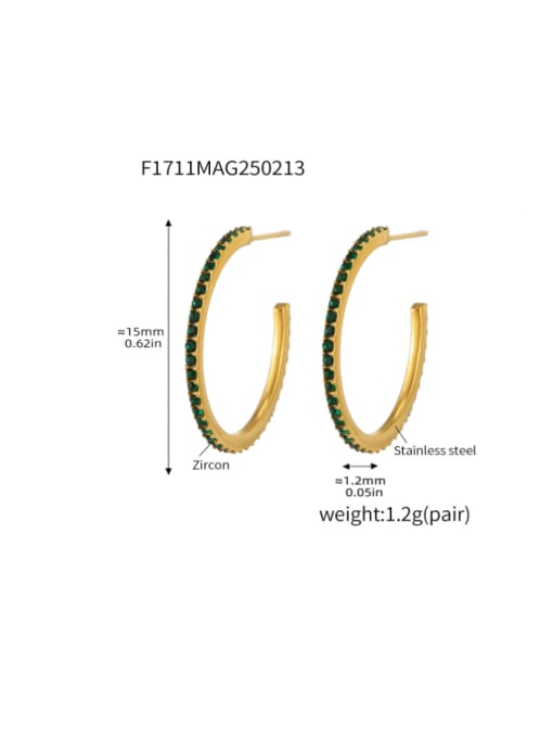 F1711 A Gold Green Zircon Earrings 15mm Stainless steel Cubic Zirconia Geometric Minimalist Stud Earring