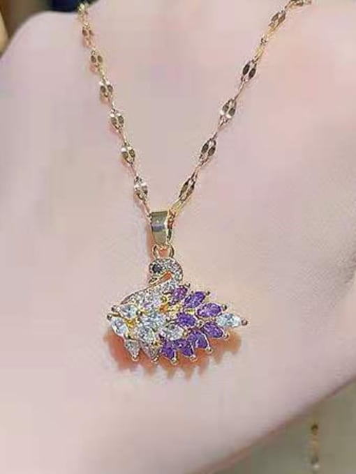 Gradient purple Swan Titanium Steel Cubic Zirconia Swan Cute Necklace