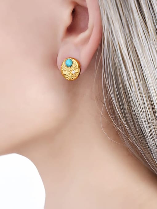 F853 Blue Turquoise Gold Earrings Titanium Steel Cubic Zirconia Geometric Vintage Stud Earring