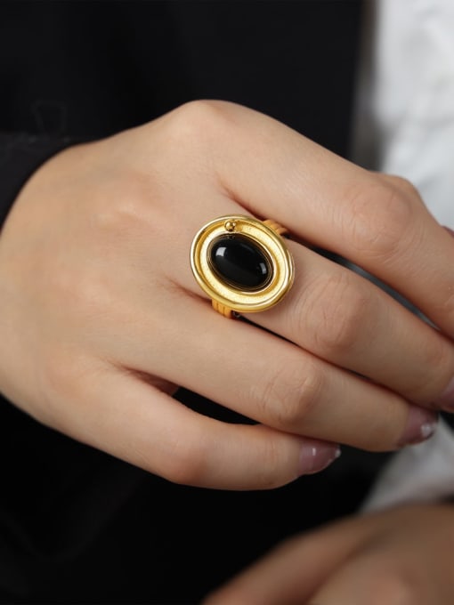 A686 Gold Ring US 7 Titanium Steel Obsidian  Vintage Geometric  Ring and Necklace Set
