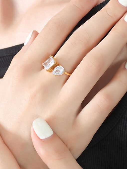 A491 Gold White Crystal Zirconia Ring Titanium Steel Cubic Zirconia Geometric Dainty Band Ring