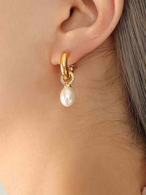 F200 Gold Earrings Titanium Steel Imitation Pearl Geometric Hip Hop Drop Earring