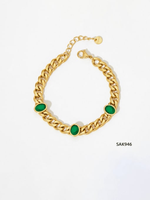 SAK946 Golden +Green Glass Stainless steel Glass Stone Geometric Hip Hop Link Bracelet