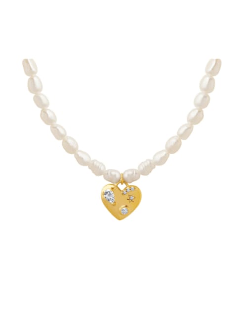 MAKA Brass Freshwater Pearl Heart Vintage Beaded Necklace 0
