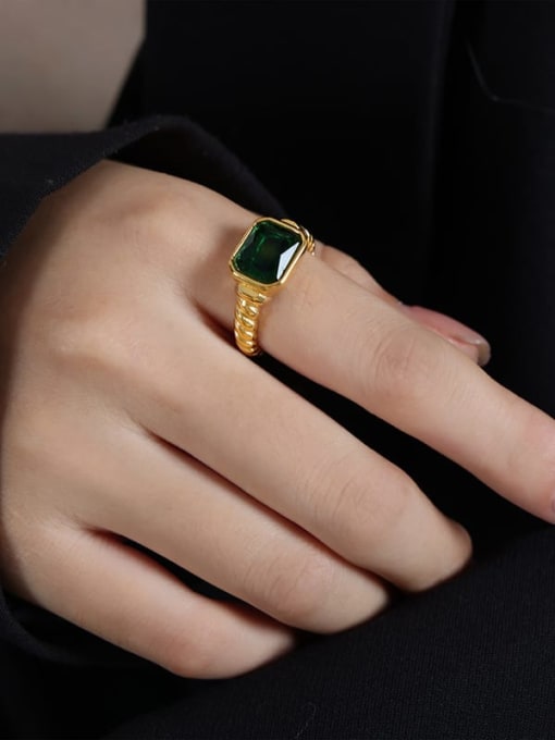 A504 Green Glass Stone +Gold Titanium Steel Glass Stone Geometric Minimalist Band Ring