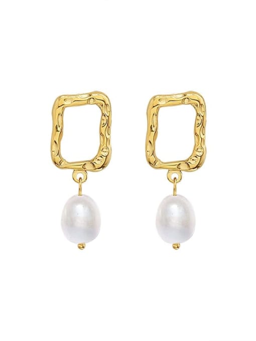 gold Titanium 316L Stainless Steel Imitation Pearl Geometric Minimalist Drop Earring with e-coated waterproof