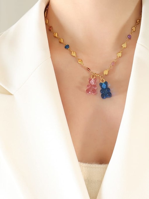 P1284 Transparent blue pink bear (Short Titanium Steel Resin Multi Color Enamel Bear Cute Necklace