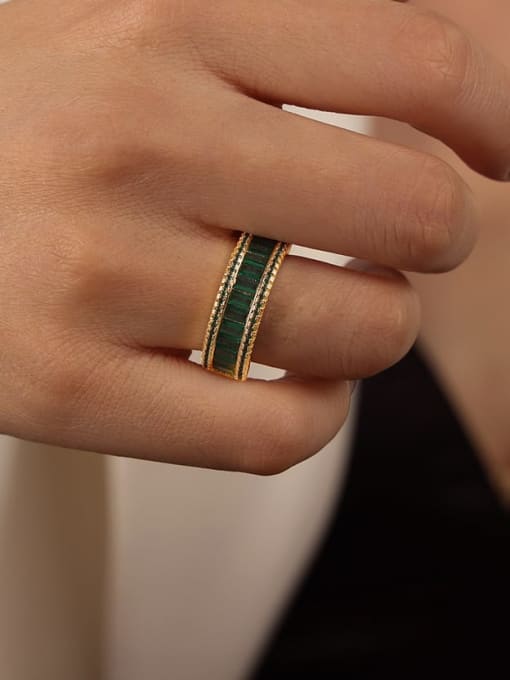 A707 Golden Green Zircon Ring Brass Cubic Zirconia Geometric Minimalist Band Ring