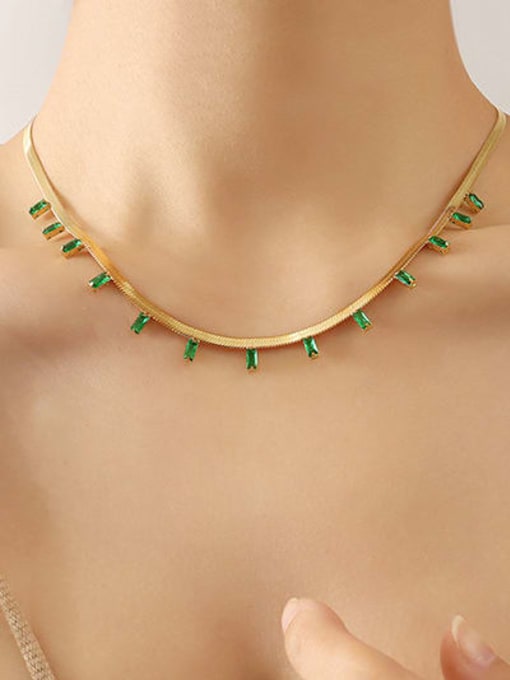 P340 green zircon gold necklace 40 +5cm Titanium Steel Glass Stone Geometric Vintage Necklace
