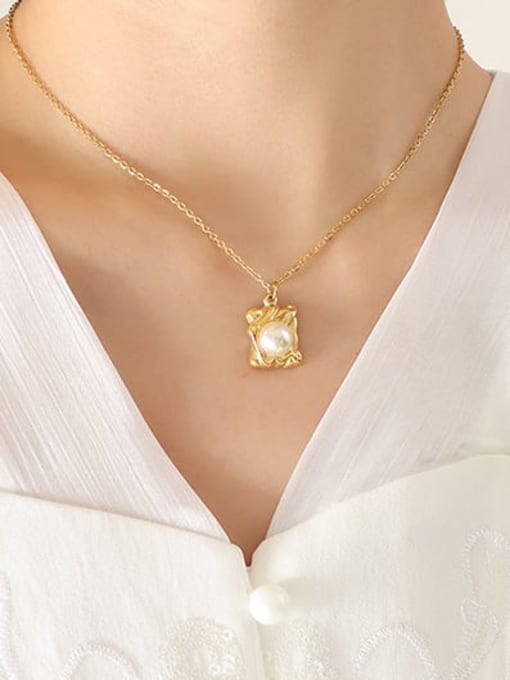 P349 gold necklace 40 +5cm Titanium Steel Imitation Pearl Geometric Vintage Necklace