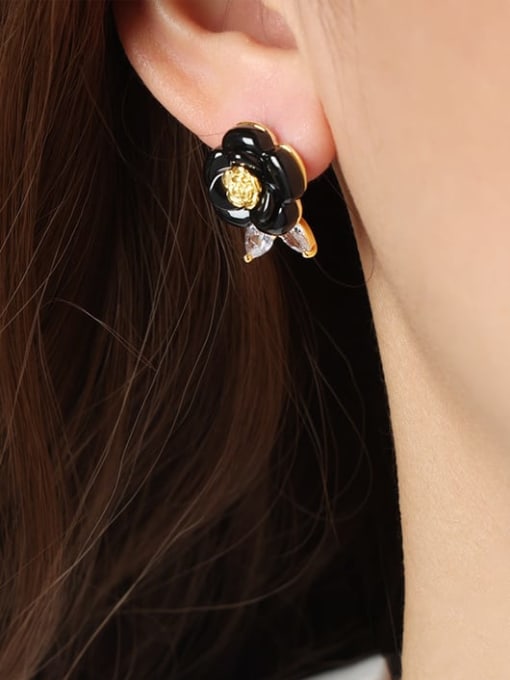 F208 Black Rose Earrings Brass Enamel Flower Minimalist Stud Earring