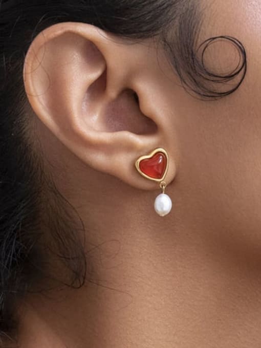 J&D Stainless steel Imitation Pearl Enamel Heart Minimalist Drop Earring 1