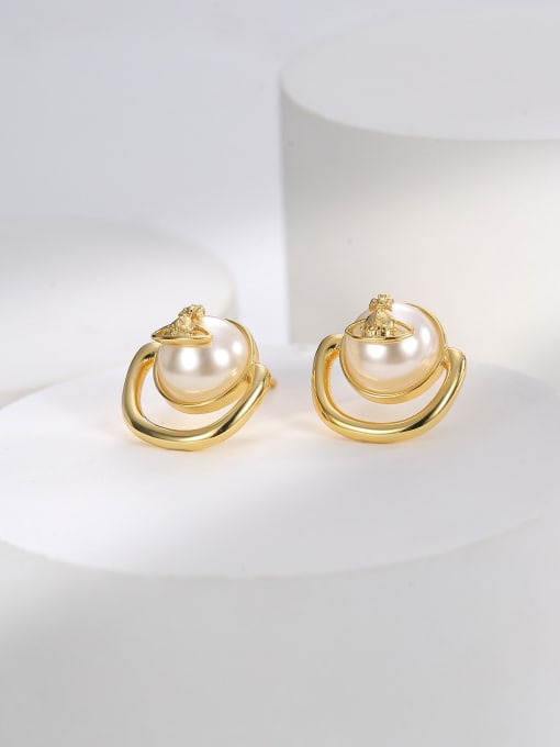 H01094 gold Brass Imitation Pearl Geometric Minimalist Stud Earring
