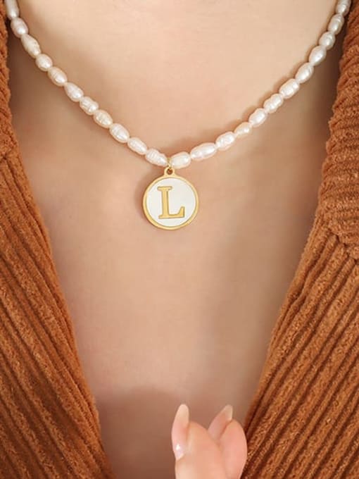 P1315 L Titanium Steel Freshwater Pearl Letter Minimalist Necklace