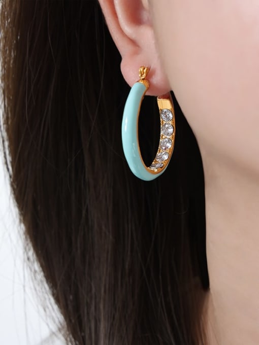 F980 Weight Blue Glazed Gold Earrings Titanium Steel Cubic Zirconia Enamel Geometric Trend Hoop Earring