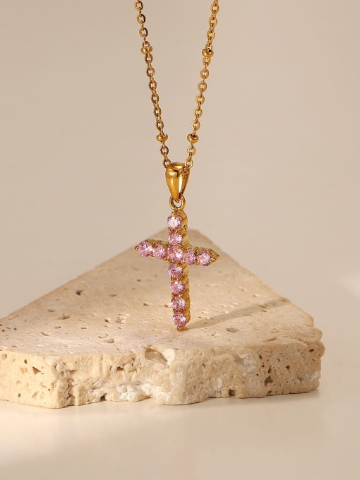 J&D Stainless steel Cubic Zirconia Pink Cross Trend Necklace 1