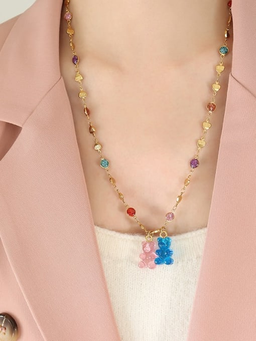 P1285  blue and pink love (long) Titanium Steel Resin Multi Color Enamel Bear Cute Necklace