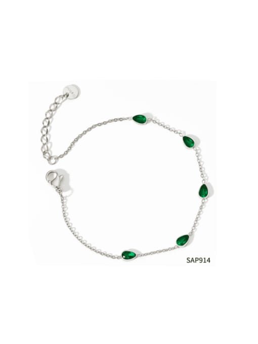 SAP914 Platinum Green Stainless steel Cubic Zirconia Heart Minimalist Link Bracelet