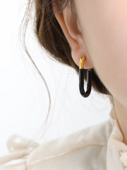 F936 Black Drop Oil Gold Earrings Titanium Steel Enamel Geometric Trend Hoop Earring