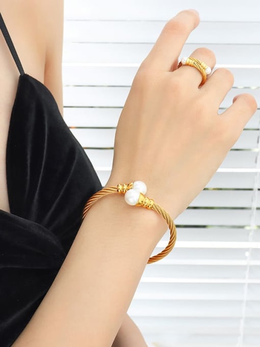 MAKA Trend Titanium Steel Imitation Pearl Ring Bracelet and Necklace Set 1
