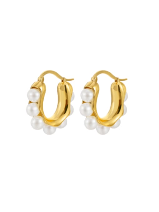 Clioro Brass Imitation Pearl Geometric Vintage Huggie Earring 2