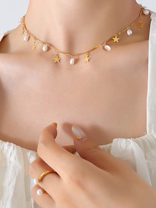 P417 Gold Star Necklace 38+5cm Titanium Steel Freshwater Pearl Leaf Vintage Necklace