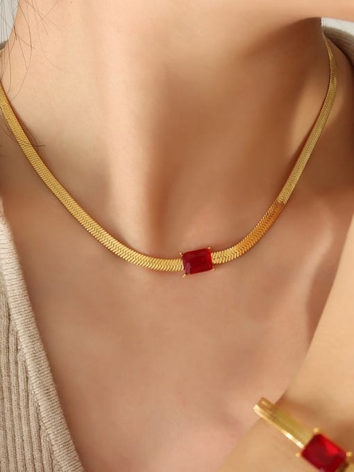 P1325 Red Zircon Gold Necklace 39+ 5cm Titanium Steel Cubic Zirconia Vintage Geometric Bracelet and Necklace Set