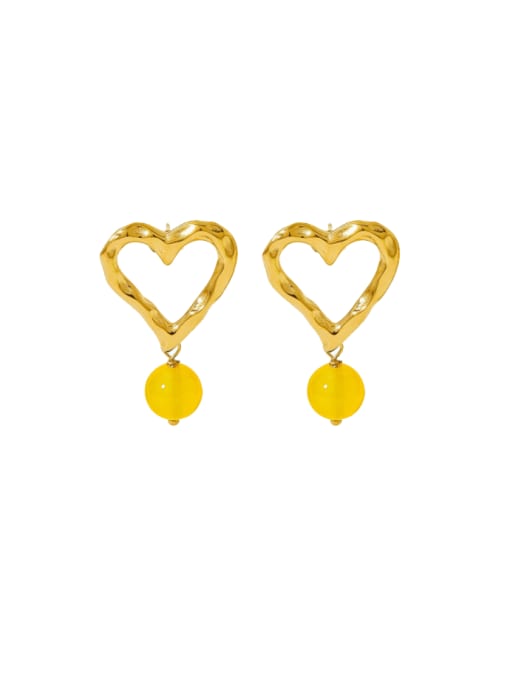KDE833 Yellow Agate Stainless steel Natural Stone Heart Hip Hop Drop Earring