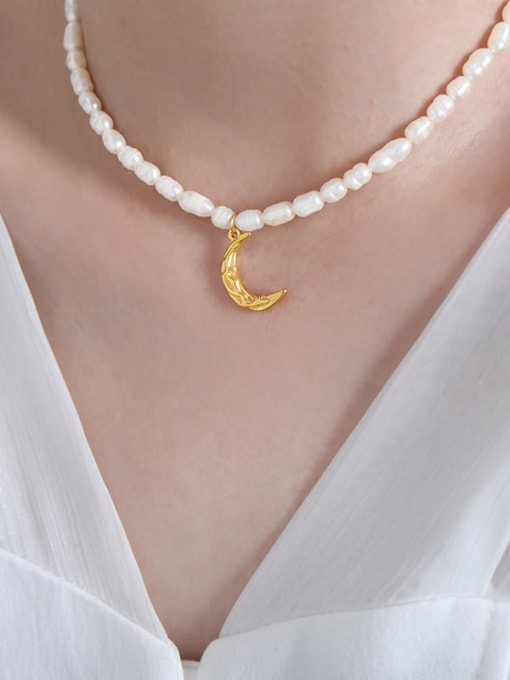 P735 Gold Necklace Brass Freshwater Pearl Moon Vintage Necklace