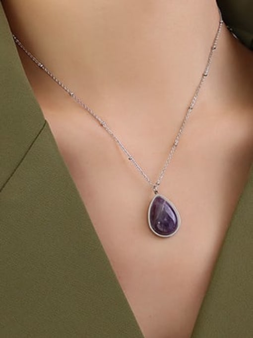 P309 steel purple natural stone  40+5cm Titanium Steel Natural Stone Water Drop Vintage Necklace