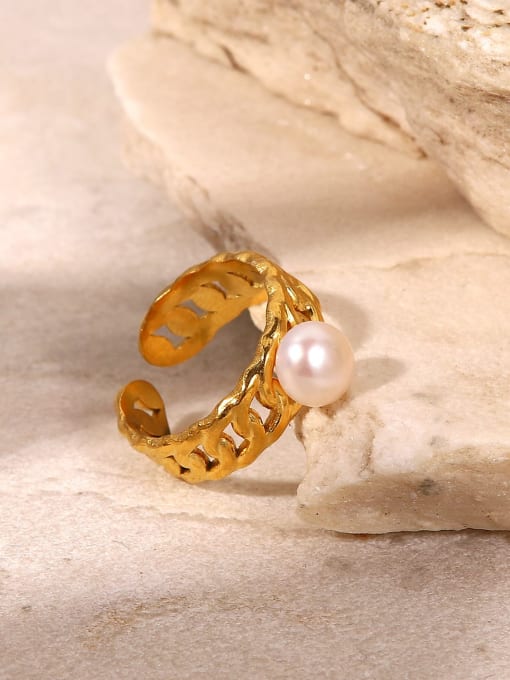 J&D Stainless steel Imitation Pearl Geometric Vintage Band Ring 2