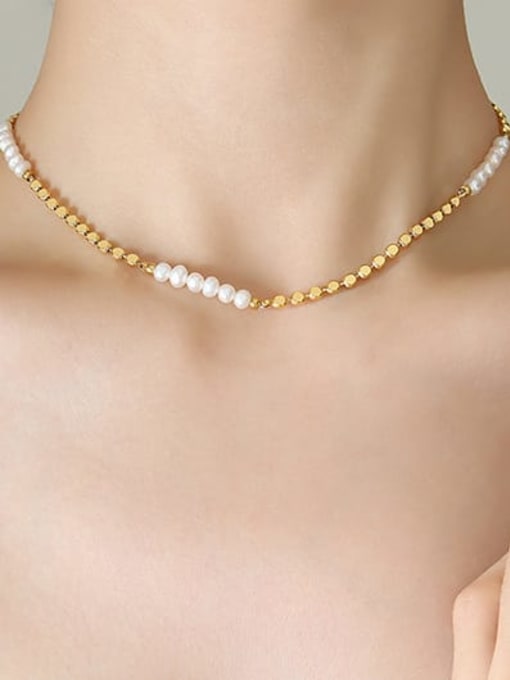 P1258 Gold necklace 35+ 5cm Brass Freshwater Pearl Geometric Hip Hop Beaded Necklace