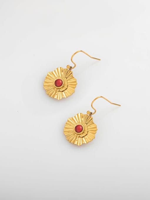 Red Inlaid Turquoise double-layer pleated sunflower titanium steel earrings