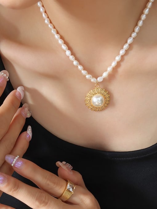 P1175 gold necklace 40 +5cm Titanium Steel Freshwater Pearl Flower Vintage Necklace