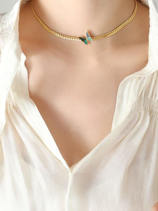 P023 gold necklace 35 +5cm Titanium Steel Cubic Zirconia Green Butterfly Vintage Choker Necklace