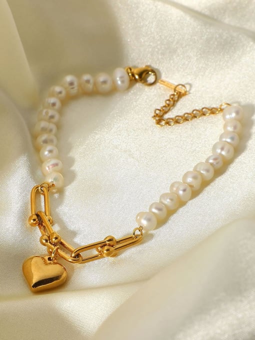J&D Stainless steel Freshwater Pearl Heart Dainty Beaded Bracelet 1