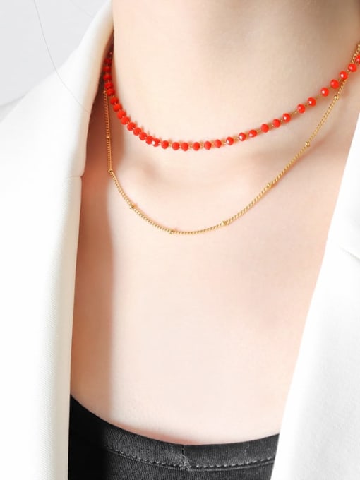 MAKA Titanium Steel Glass beads Red Geometric Vintage Multi Strand Necklace 1