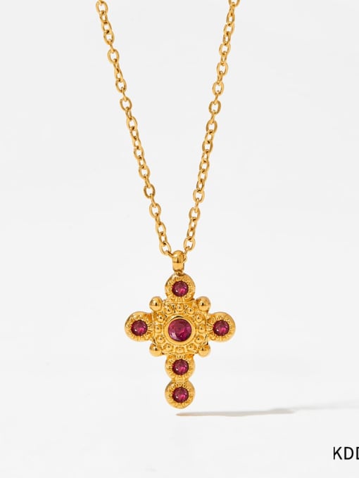 KDD407 Golden Red Stainless steel Cubic Zirconia Cross Trend Necklace