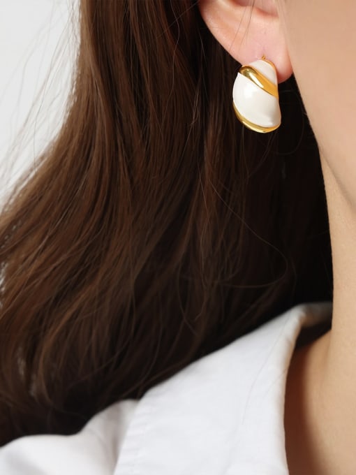 F248 White Glazed Earrings Brass Enamel Geometric Vintage Stud Earring